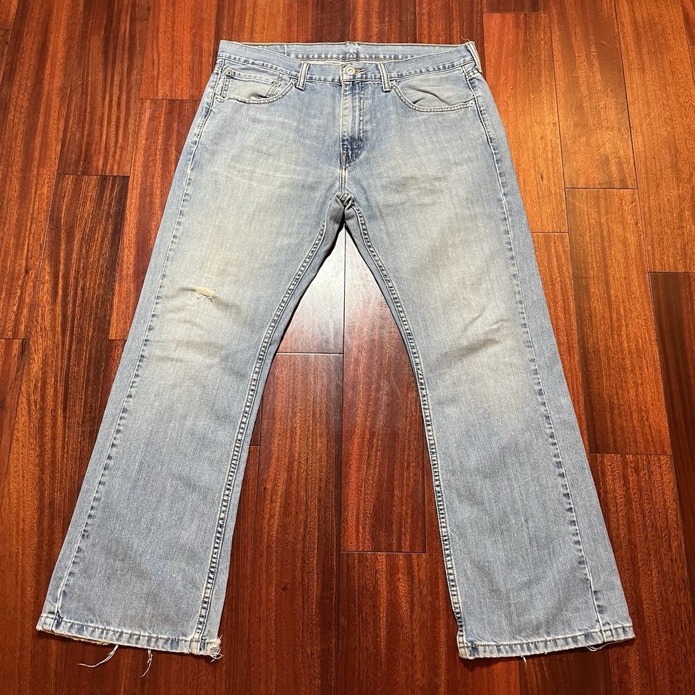 Levis Jeans Mens 36x30 527 Slim Bootcut Blue Light Wash Distressed Grunge 37x30